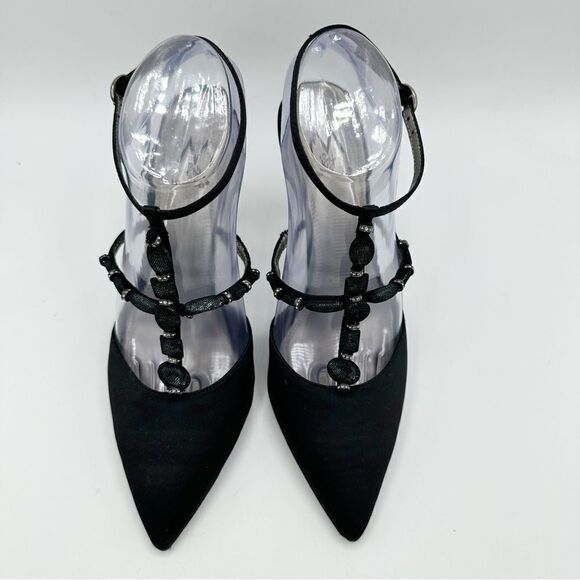 M. By Marinelli Black Satin Sparkly Jeweled T-Strap Stiletto Evening Sandal 8.5M - Picture 4 of 16